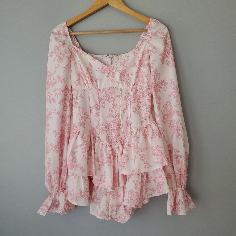 Shein Mod White Red Floral One Piece Long Sleeve Short Romper Womens Small